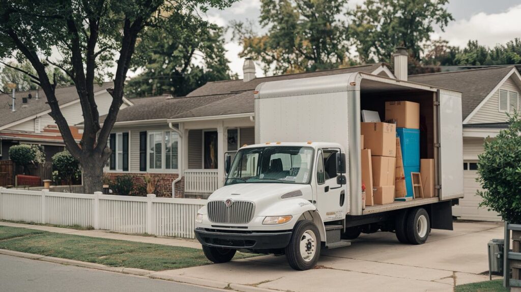 A white moving truck with open doors loaded with cardboard boxes and furniture, parked in a residential driveway in front of a suburban house.