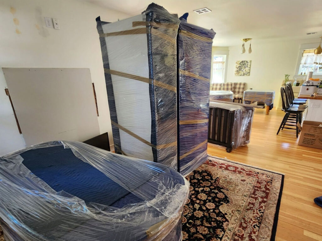 wrapped furniture in a living room